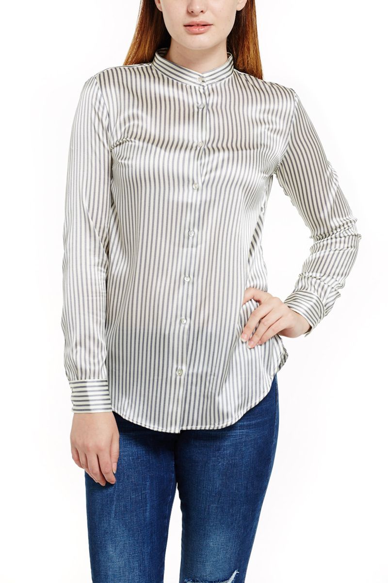 Pinstripe Silk Blouse with Mandarin Collar