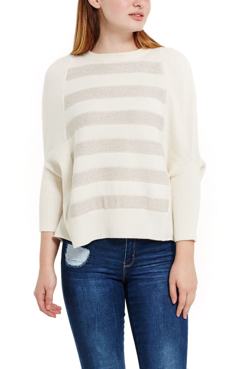 Cream Cashmere Sweater with Accent Stripes