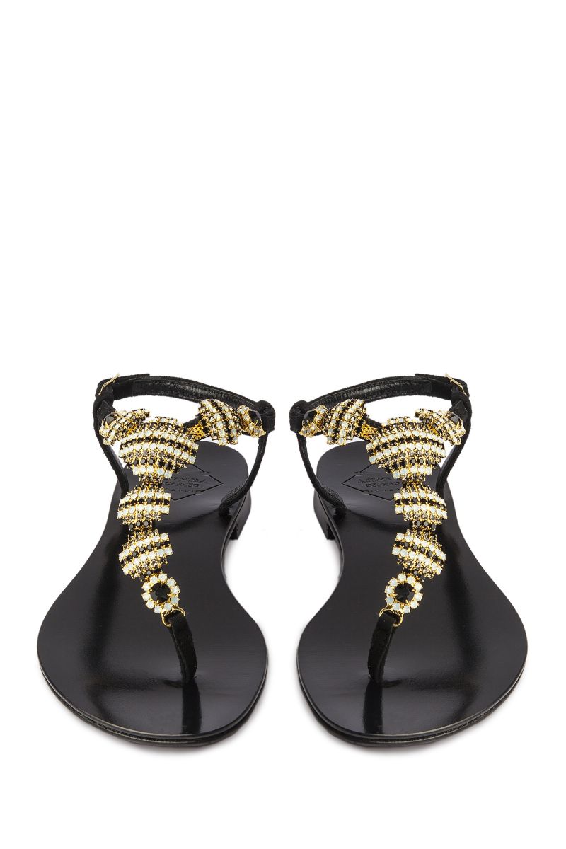 Crystal Embellished Sandal with Black and Gold Detail