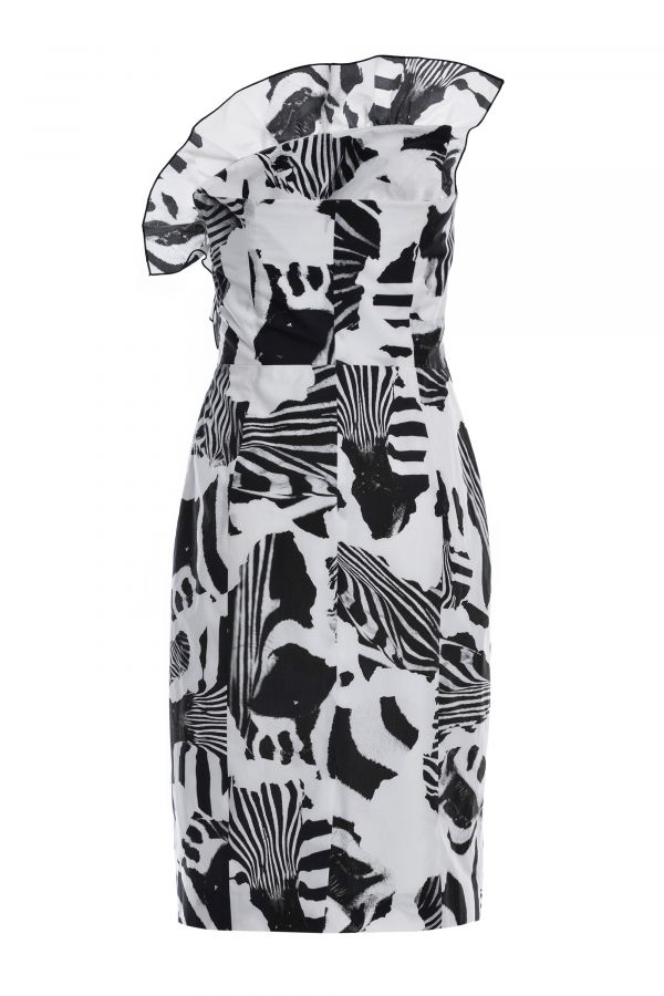 Strapless Asymmetric Dress with Ruffles Black and White | Modalta